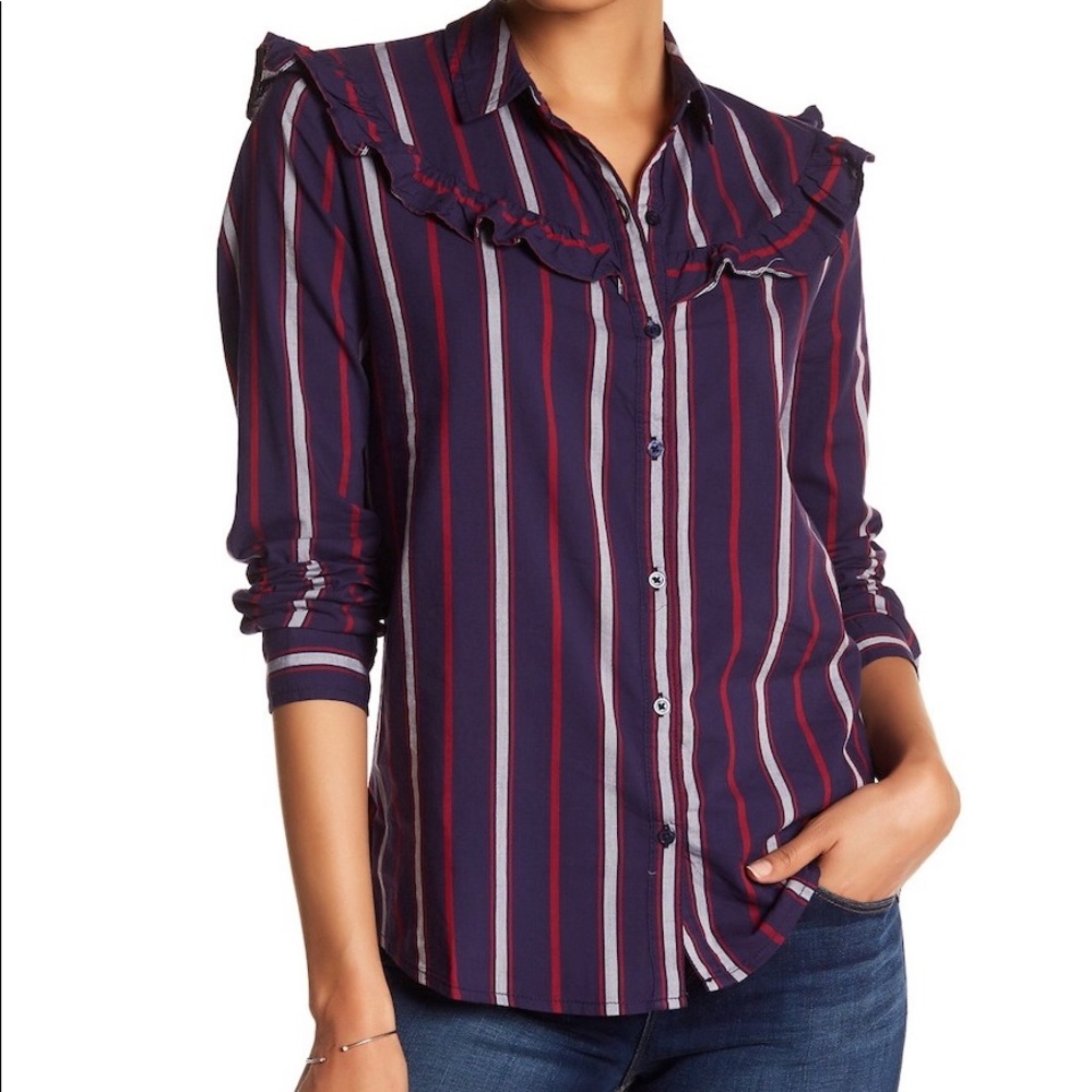 Red, Navy and Grey Striped Ruffle Collar Shirt